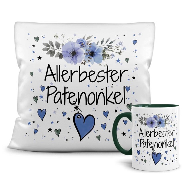 Geschenk-Set aus Tasse und Kissen mit Blumenmotiv - Allerbester Patenonkel - Kissen wei&szlig; - Tasse dunkelgr&uuml;n