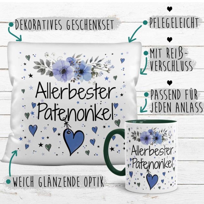 Geschenk-Set aus Tasse und Kissen mit Blumenmotiv - Allerbester Patenonkel - Kissen wei&szlig; - Tasse dunkelgr&uuml;n