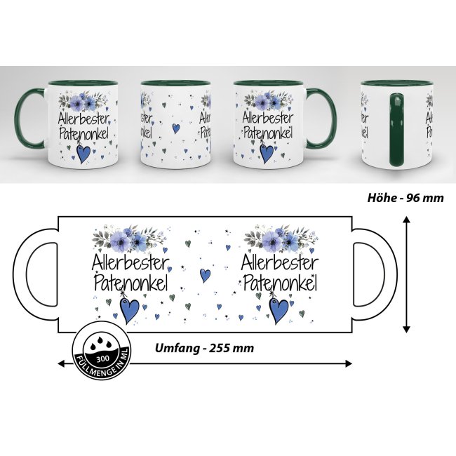 Geschenk-Set aus Tasse und Kissen mit Blumenmotiv - Allerbester Patenonkel - Kissen wei&szlig; - Tasse dunkelgr&uuml;n