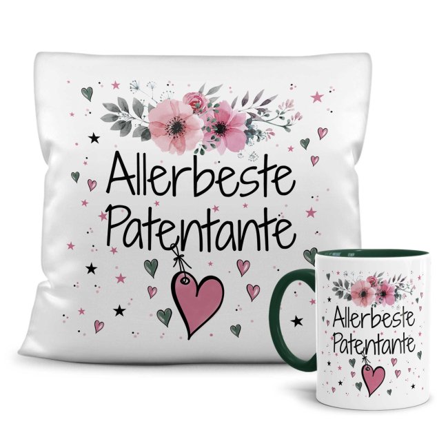 Geschenk-Set aus Tasse und Kissen mit Blumenmotiv - Allerbeste Patentante - Kissen wei&szlig; - Tasse dunkelgr&uuml;n