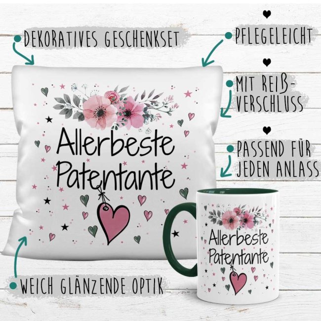 Geschenk-Set aus Tasse und Kissen mit Blumenmotiv - Allerbeste Patentante - Kissen wei&szlig; - Tasse dunkelgr&uuml;n