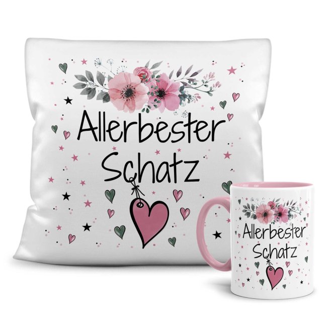 Geschenk-Set aus Tasse und Kissen mit Blumenmotiv - Allerbester Schatz rosa - Kissen wei&szlig; - Tasse rosa