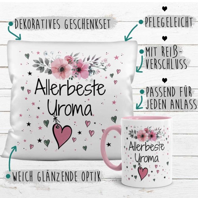 Geschenk-Set aus Tasse und Kissen mit Blumenmotiv - Allerbeste Uroma - Kissen wei&szlig; - Tasse rosa