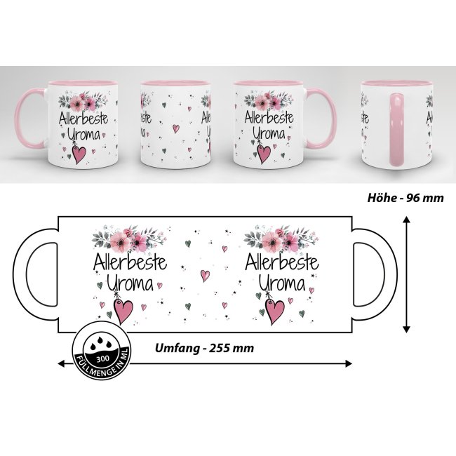 Geschenk-Set aus Tasse und Kissen mit Blumenmotiv - Allerbeste Uroma - Kissen wei&szlig; - Tasse rosa