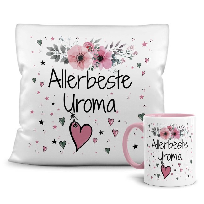 Geschenk-Set aus Tasse und Kissen mit Blumenmotiv - Allerbeste Uroma - Kissen wei&szlig; - Tasse rosa