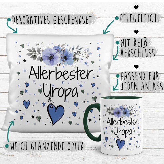 Geschenk-Set aus Tasse und Kissen mit Blumenmotiv - Allerbester Uropa - Kissen wei&szlig; - Tasse dunkelgr&uuml;n