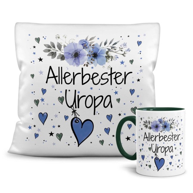 Geschenk-Set aus Tasse und Kissen mit Blumenmotiv - Allerbester Uropa - Kissen wei&szlig; - Tasse dunkelgr&uuml;n