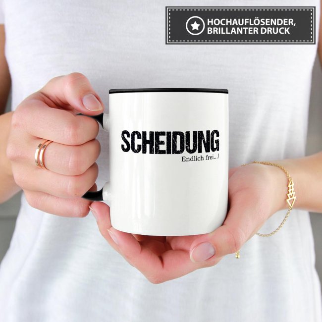 Tasse mit Spruch - Scheidung - Endlich frei! - Innen &amp; Henkel Schwarz