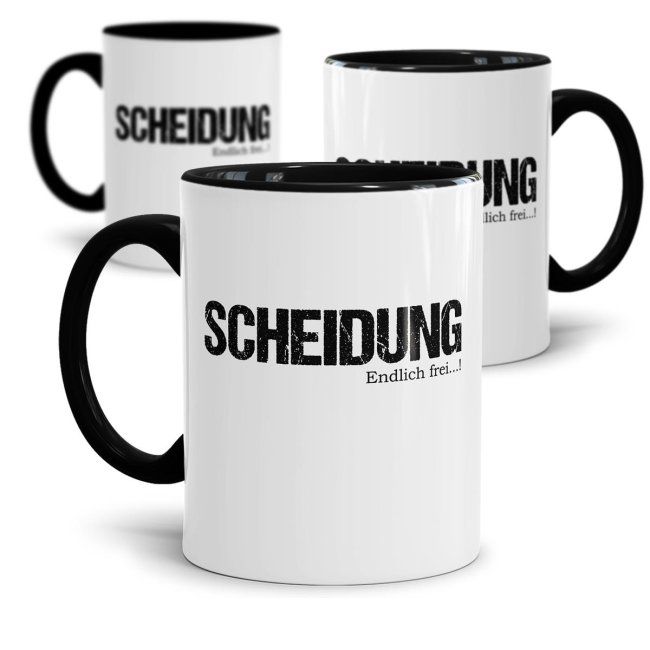 Tasse mit Spruch - Scheidung - Endlich frei! - Innen &amp; Henkel Schwarz