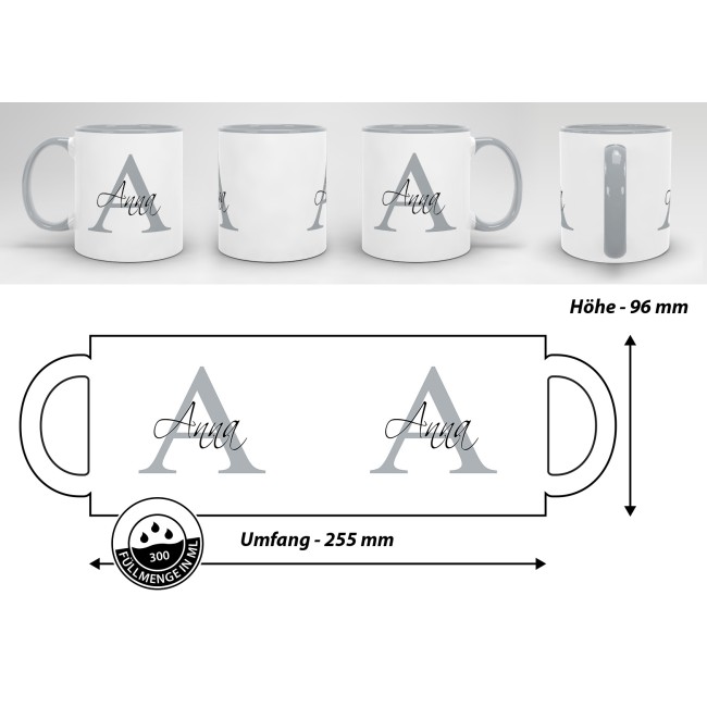 Edle Namens-Tasse mit Anfangsbuchstabe - Innen &amp; Henkel Grau