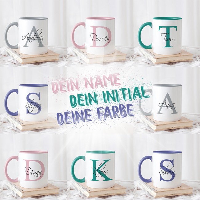 Edle Namens-Tasse mit Anfangsbuchstabe - Innen &amp; Henkel Grau