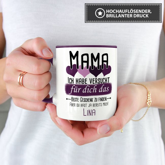 Tasse von WUNSCHNAME - F&uuml;r Mama von einem Kind - Innen &amp; Henkel Violett