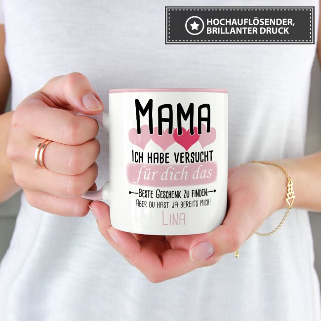 Tasse von WUNSCHNAME - F&uuml;r Mama von einem Kind - Innen &amp; Henkel Rosa