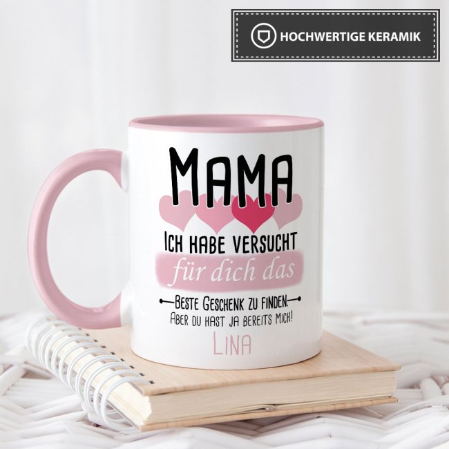 Tasse von WUNSCHNAME - F&uuml;r Mama von einem Kind - Innen &amp; Henkel Rosa