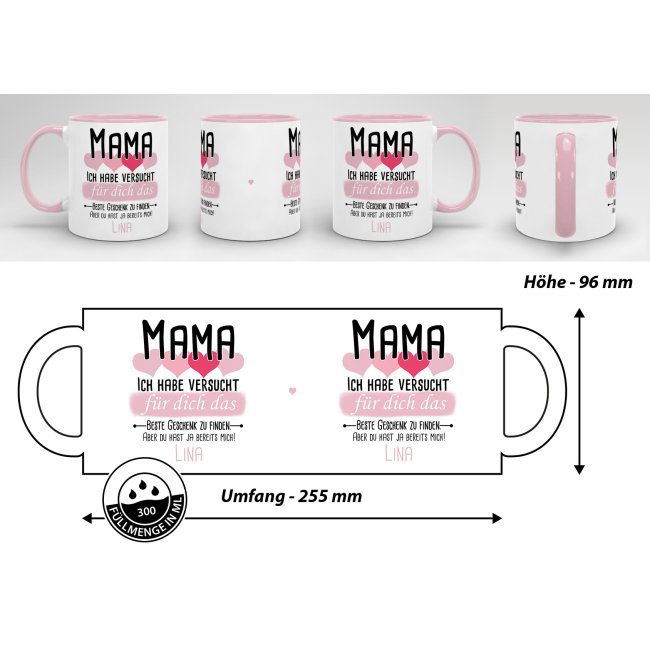 Tasse von WUNSCHNAME - F&uuml;r Mama von einem Kind - Innen &amp; Henkel Rosa