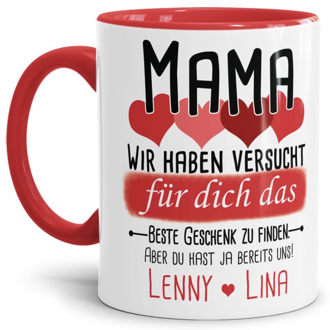 Tasse von WUNSCHNAMEN - F&uuml;r Mama von mehr Kindern - Innen &amp; Henkel Rot