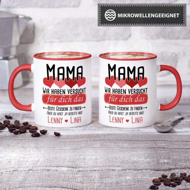 Tasse von WUNSCHNAMEN - F&uuml;r Mama von mehr Kindern - Innen &amp; Henkel Rot