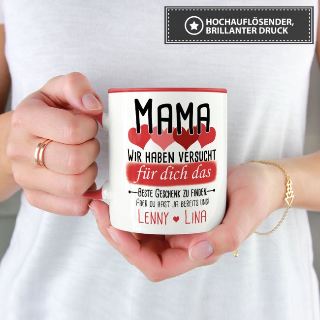 Tasse von WUNSCHNAMEN - F&uuml;r Mama von mehr Kindern - Innen &amp; Henkel Rot