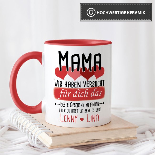 Tasse von WUNSCHNAMEN - F&uuml;r Mama von mehr Kindern - Innen &amp; Henkel Rot