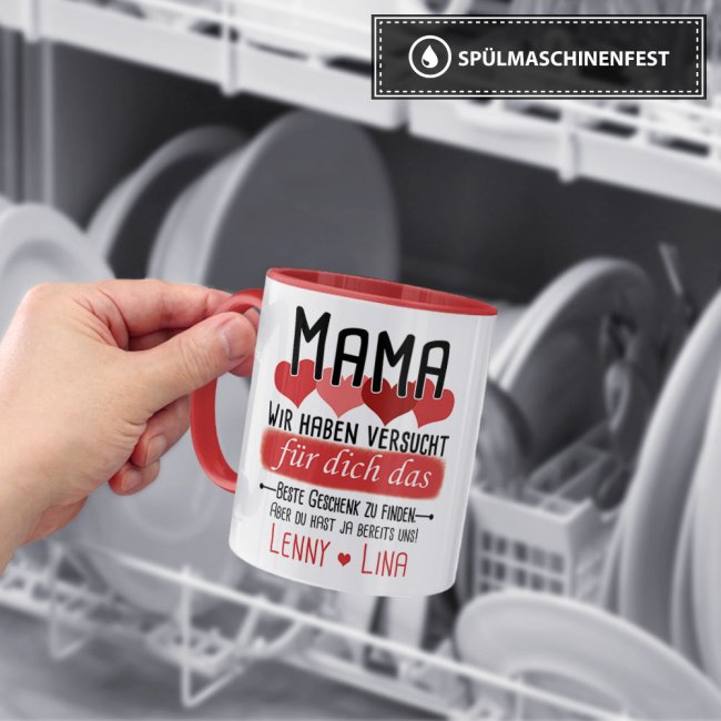 Tasse von WUNSCHNAMEN - F&uuml;r Mama von mehr Kindern - Innen &amp; Henkel Rot