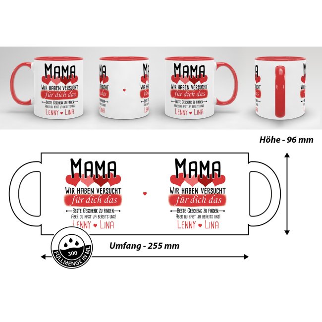 Tasse von WUNSCHNAMEN - F&uuml;r Mama von mehr Kindern - Innen &amp; Henkel Rot