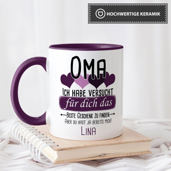 Tasse von WUNSCHNAME - F&uuml;r Oma von einem Kind - Innen &amp; Henkel Violett