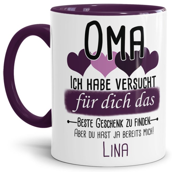 Tasse von WUNSCHNAME - F&uuml;r Oma von einem Kind - Innen &amp; Henkel Violett