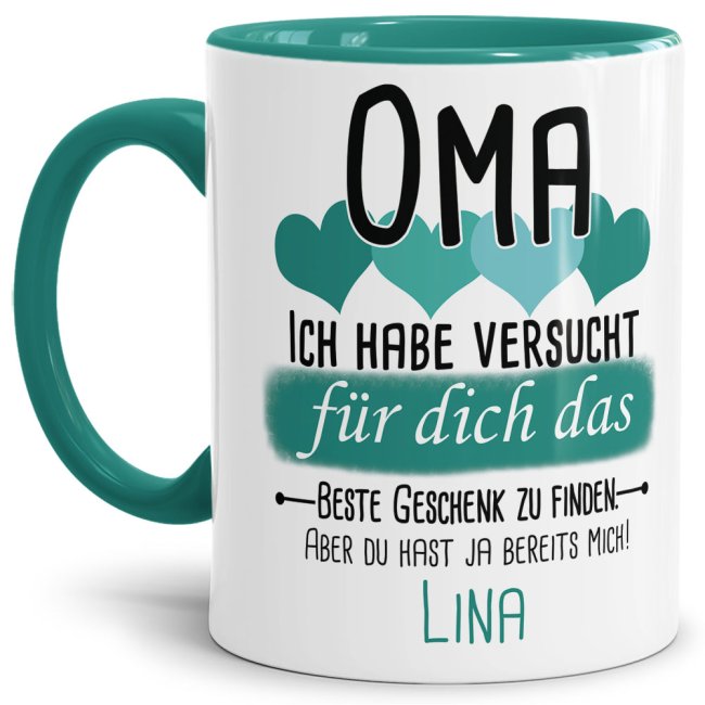 Tasse von WUNSCHNAME - F&uuml;r Oma von einem Kind - Innen &amp; Henkel T&uuml;rkis