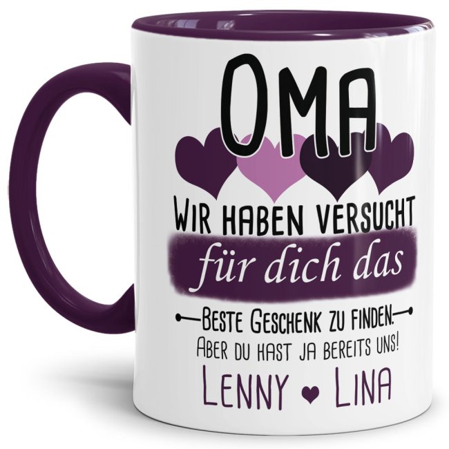 Tasse von WUNSCHNAMEN - F&uuml;r Oma von mehr Kindern - Innen &amp; Henkel Violett