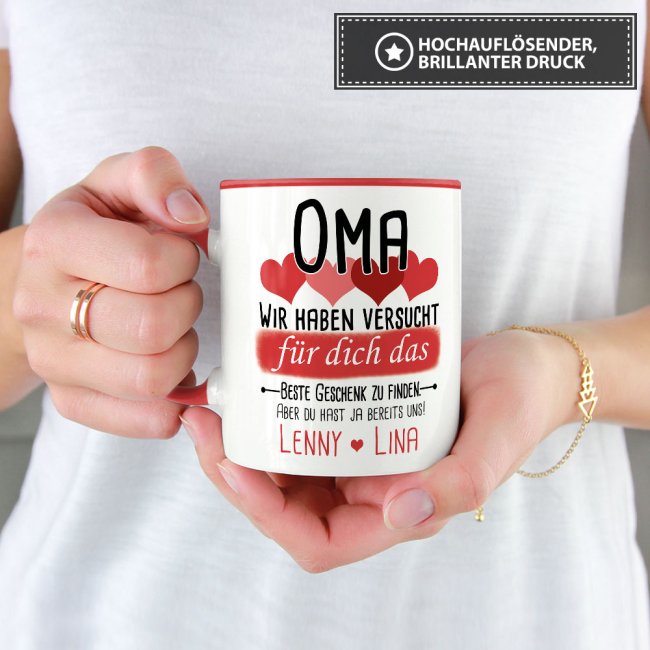 Tasse von WUNSCHNAMEN - F&uuml;r Oma von mehr Kindern - Innen &amp; Henkel Rot