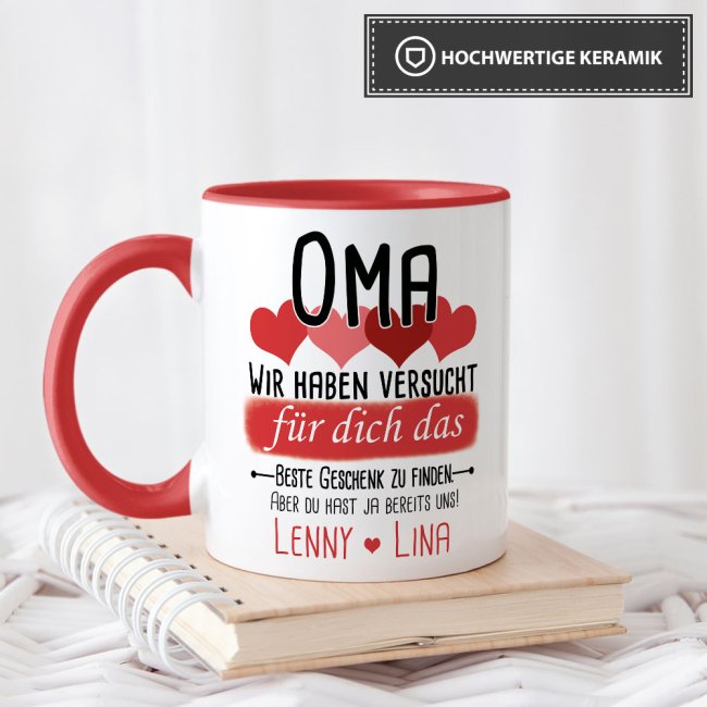 Tasse von WUNSCHNAMEN - F&uuml;r Oma von mehr Kindern - Innen &amp; Henkel Rot