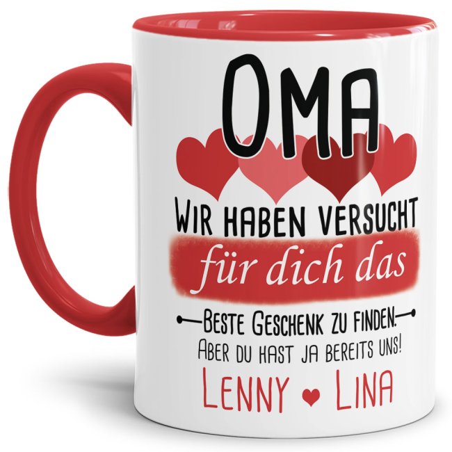 Tasse von WUNSCHNAMEN - F&uuml;r Oma von mehr Kindern - Innen &amp; Henkel Rot