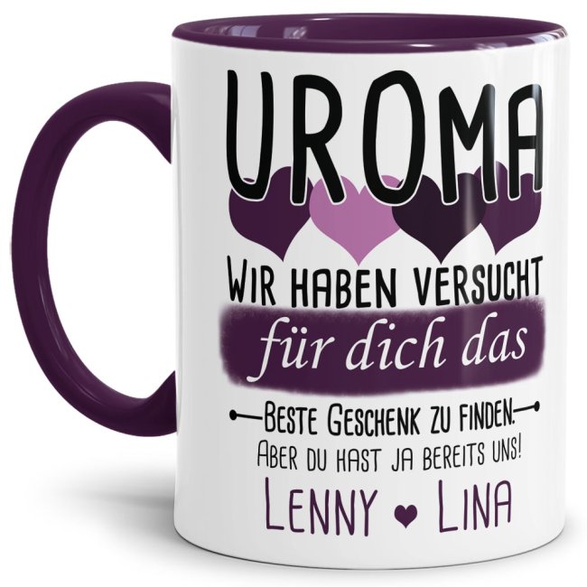 Tasse von WUNSCHNAMEN - F&uuml;r Uroma von mehr Kindern - Innen &amp; Henkel Violett