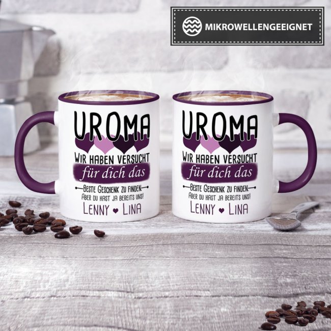 Tasse von WUNSCHNAMEN - F&uuml;r Uroma von mehr Kindern - Innen &amp; Henkel Violett