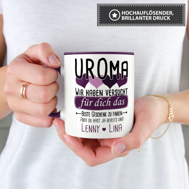 Tasse von WUNSCHNAMEN - F&uuml;r Uroma von mehr Kindern - Innen &amp; Henkel Violett