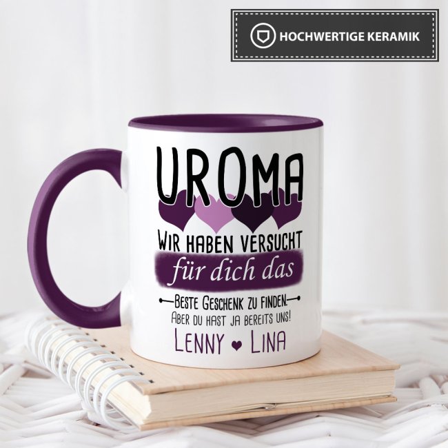 Tasse von WUNSCHNAMEN - F&uuml;r Uroma von mehr Kindern - Innen &amp; Henkel Violett