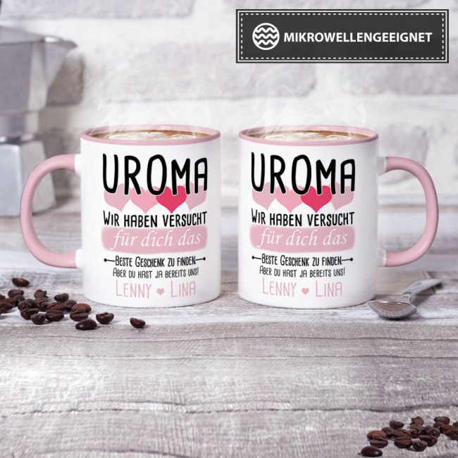 Tasse von WUNSCHNAMEN - F&uuml;r Uroma von mehr Kindern - Innen &amp; Henkel Rosa