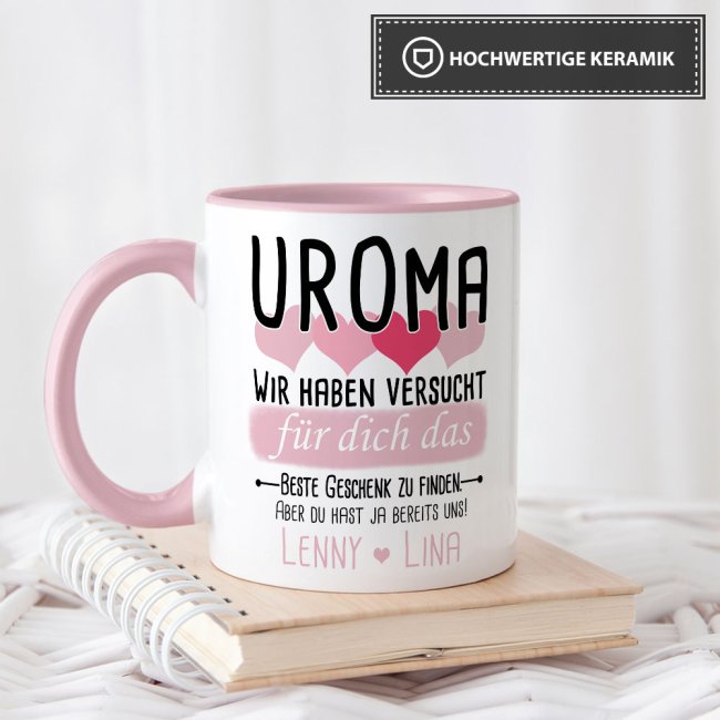 Tasse von WUNSCHNAMEN - F&uuml;r Uroma von mehr Kindern - Innen &amp; Henkel Rosa