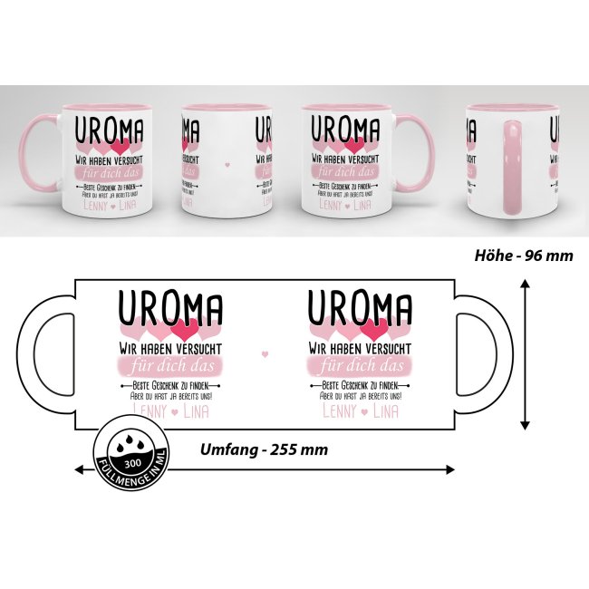 Tasse von WUNSCHNAMEN - F&uuml;r Uroma von mehr Kindern - Innen &amp; Henkel Rosa