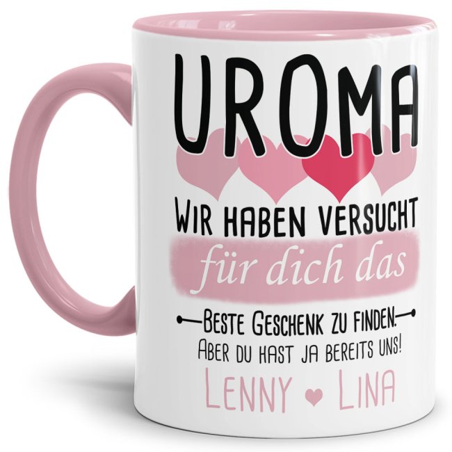 Tasse von WUNSCHNAMEN - F&uuml;r Uroma von mehr Kindern - Innen &amp; Henkel Rosa