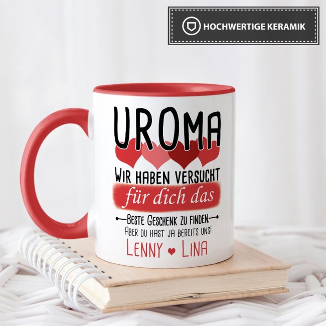 Tasse von WUNSCHNAMEN - F&uuml;r Uroma von mehr Kindern - Innen &amp; Henkel Rot