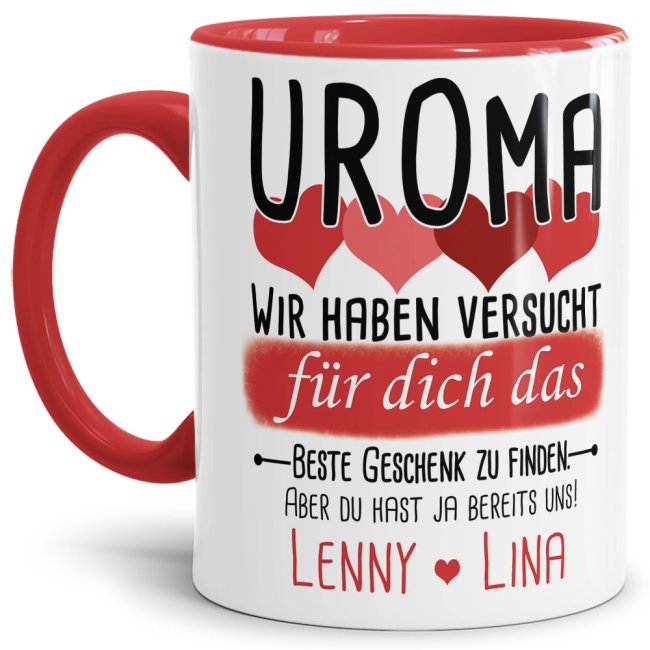 Tasse von WUNSCHNAMEN - F&uuml;r Uroma von mehr Kindern - Innen &amp; Henkel Rot