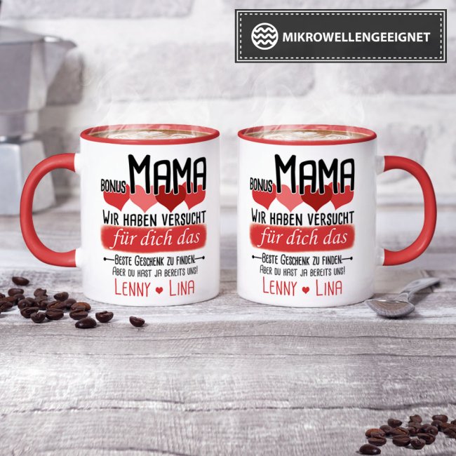 Tasse von WUNSCHNAMEN - F&uuml;r Bonus-Mama von mehr Kindern - Innen &amp; Henkel Rot