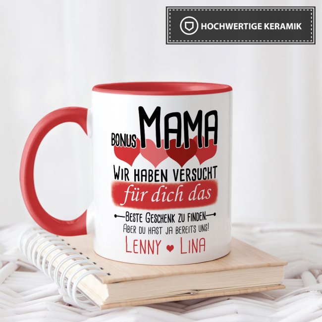 Tasse von WUNSCHNAMEN - F&uuml;r Bonus-Mama von mehr Kindern - Innen &amp; Henkel Rot