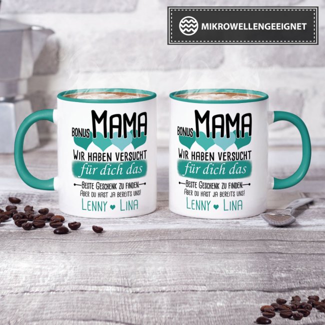 Tasse von WUNSCHNAMEN - F&uuml;r Bonus-Mama von mehr Kindern - Innen &amp; Henkel T&uuml;rkis