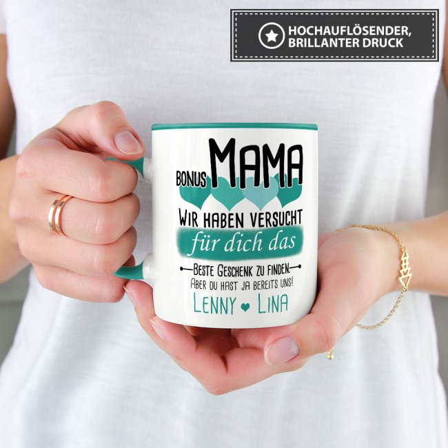 Tasse von WUNSCHNAMEN - F&uuml;r Bonus-Mama von mehr Kindern - Innen &amp; Henkel T&uuml;rkis