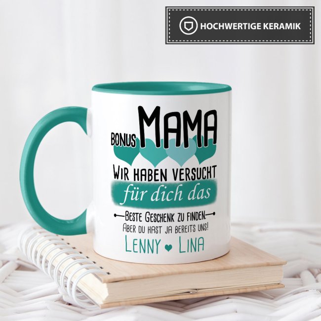 Tasse von WUNSCHNAMEN - F&uuml;r Bonus-Mama von mehr Kindern - Innen &amp; Henkel T&uuml;rkis