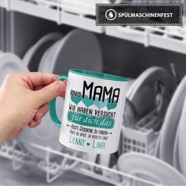 Tasse von WUNSCHNAMEN - F&uuml;r Bonus-Mama von mehr Kindern - Innen &amp; Henkel T&uuml;rkis