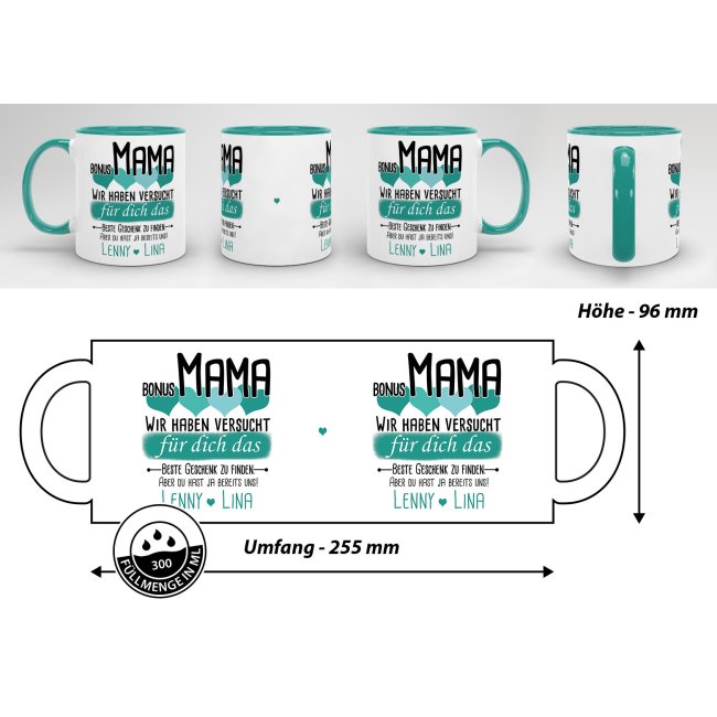 Tasse von WUNSCHNAMEN - F&uuml;r Bonus-Mama von mehr Kindern - Innen &amp; Henkel T&uuml;rkis