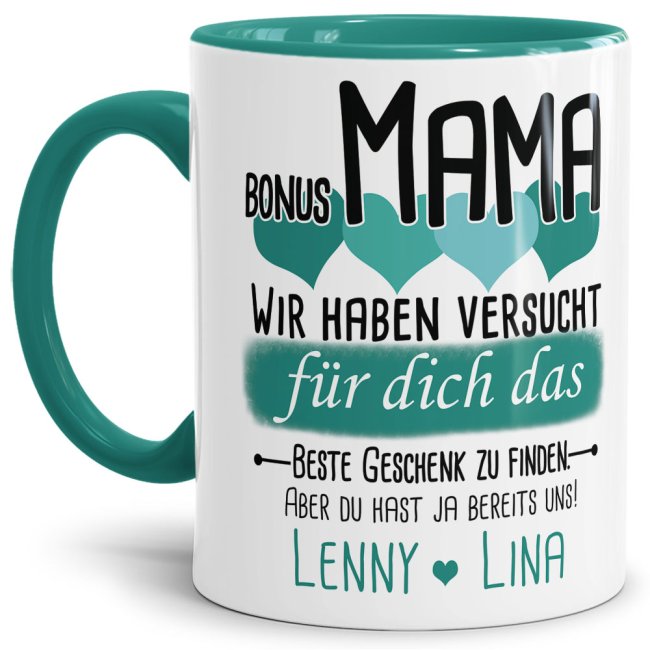 Tasse von WUNSCHNAMEN - F&uuml;r Bonus-Mama von mehr Kindern - Innen &amp; Henkel T&uuml;rkis